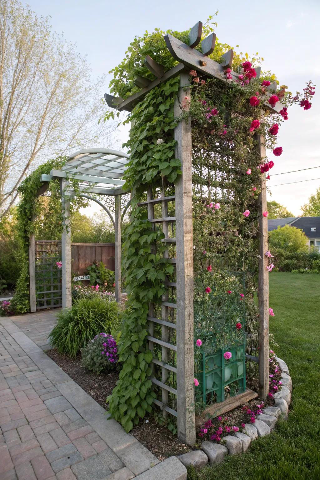 A recycled trellis proposes eco-amiable seclusion with a personal imprimatur.