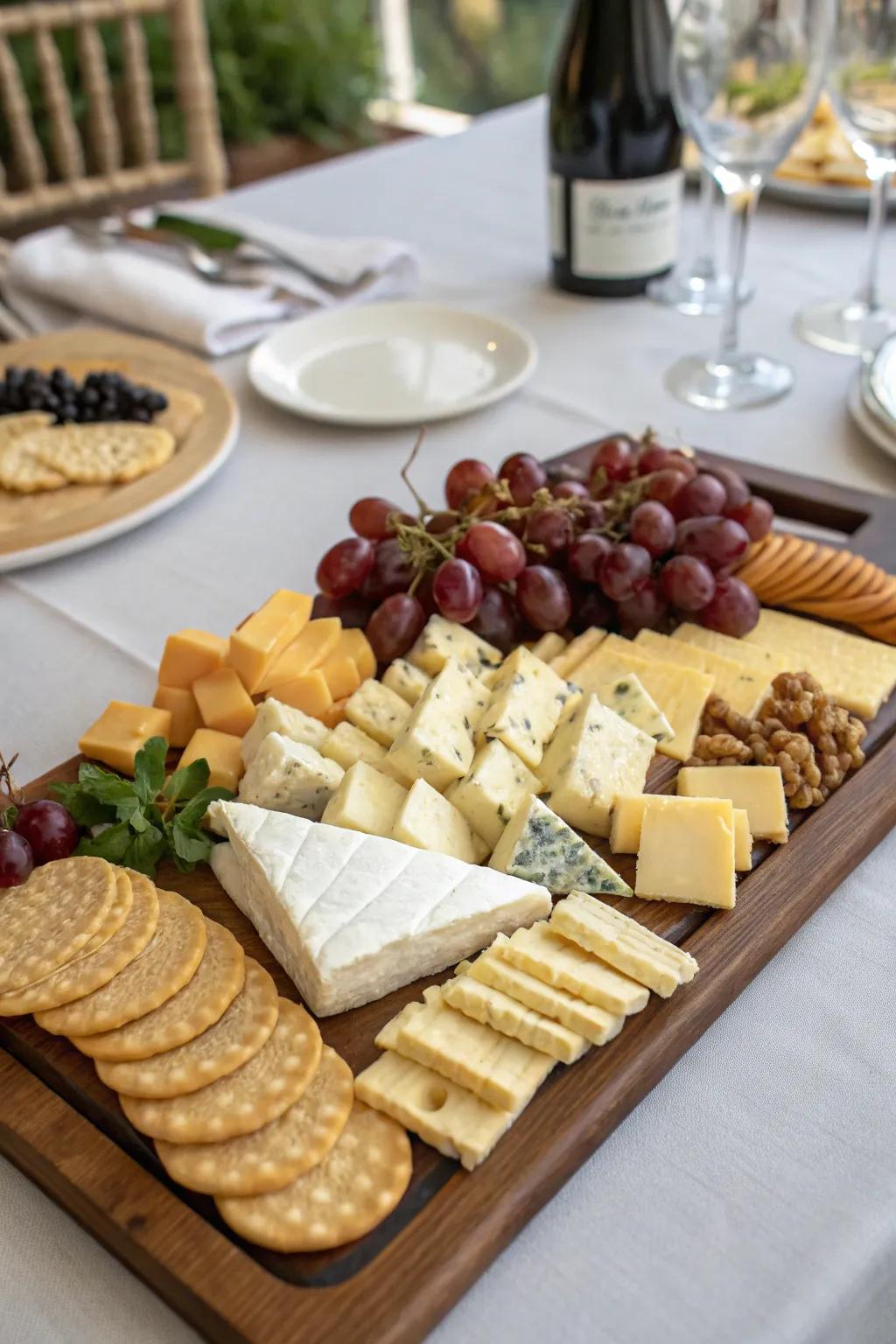 A cheese board featuring creatively shaped cheeses.