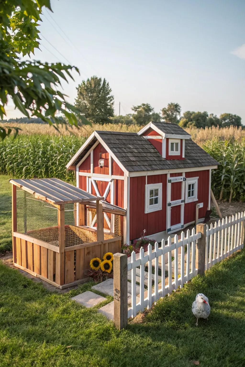 Transform your chicken pen into a scenic mini homestead for a hint of countryside charm.