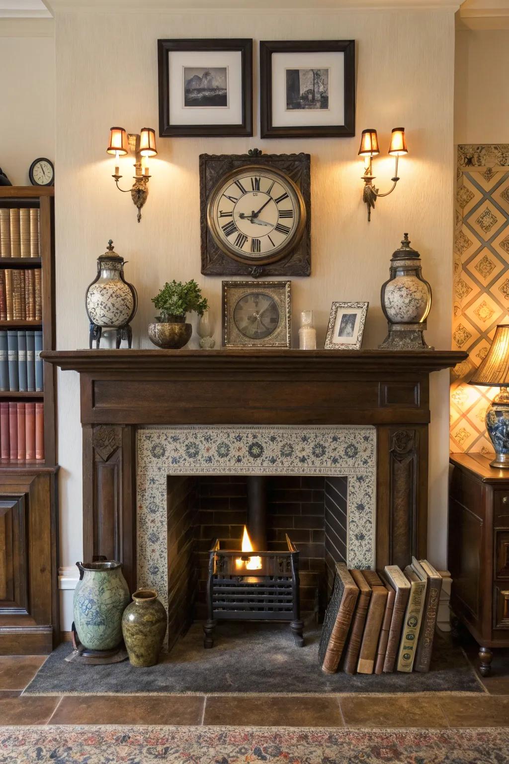 The blending of antiquated and contemporary constituents imparts eclectic allure to the hearth.