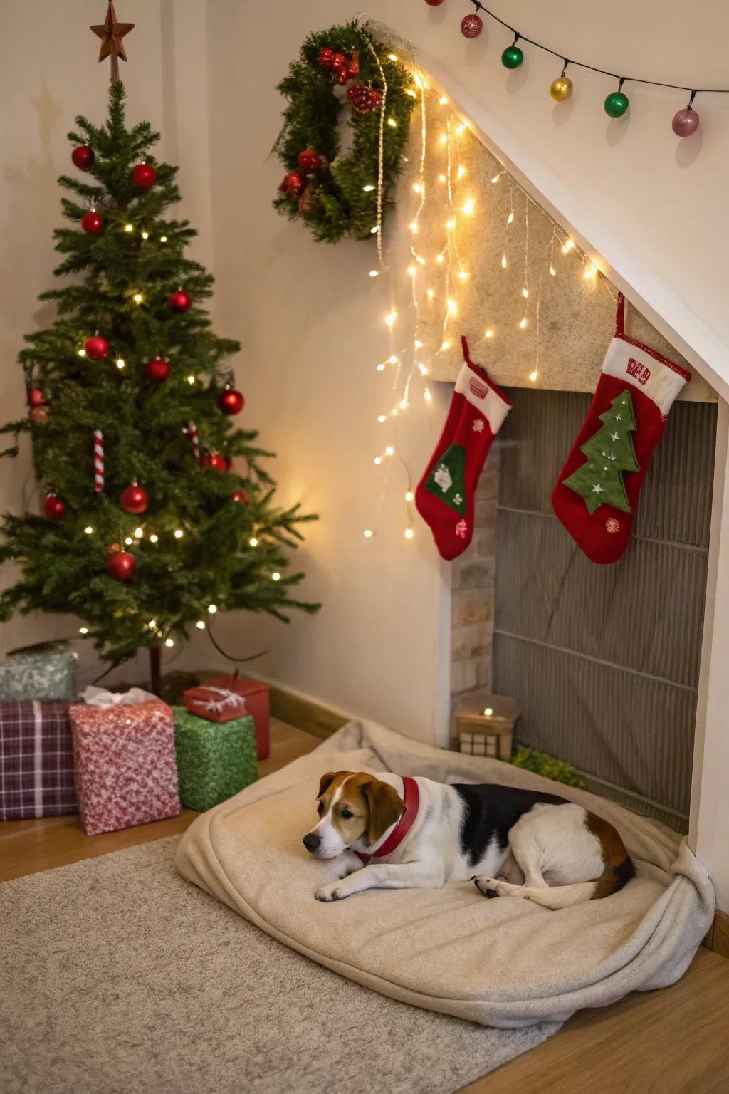 A pet-friendly corner with cozy Christmas decor.