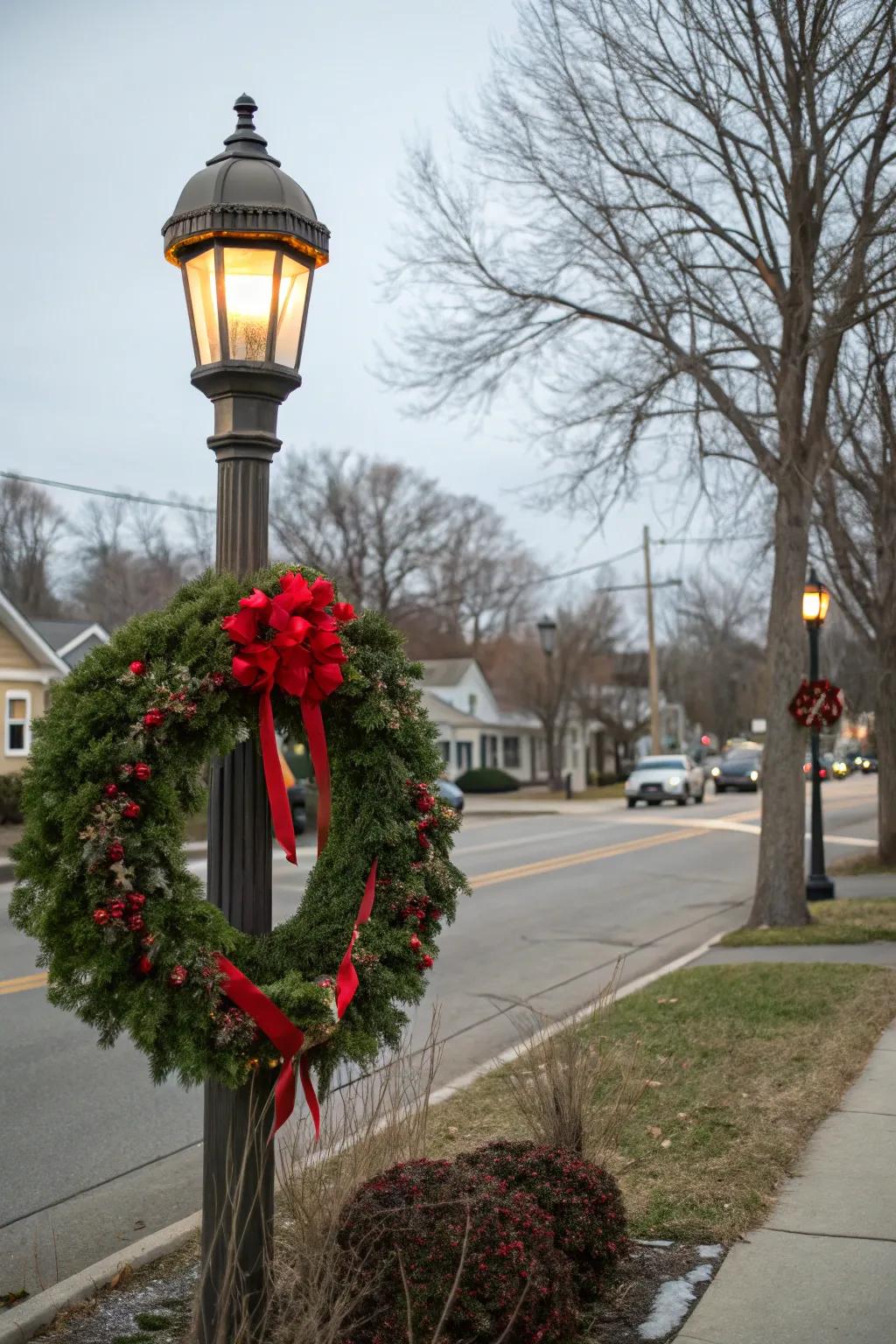 An inviting floral ring brightens a wintery lamp post.