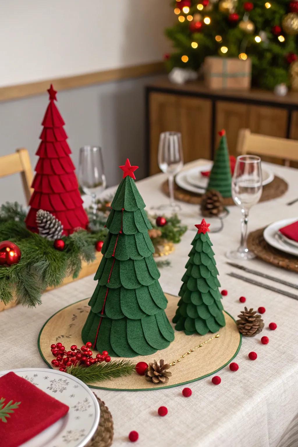 Textile trees bring a playful, handmade sensation to the table.