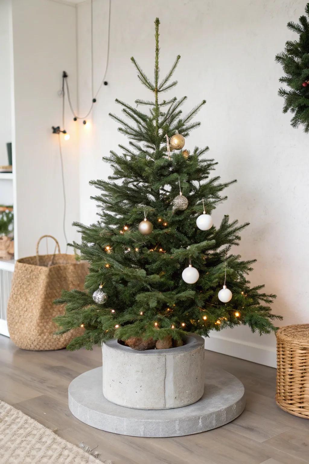 An aggregate support furnishes a polished, contemporary base for your tree.