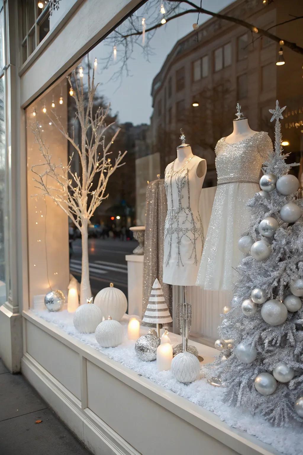 A single-hue combination of white and silver crafts a chic window display.