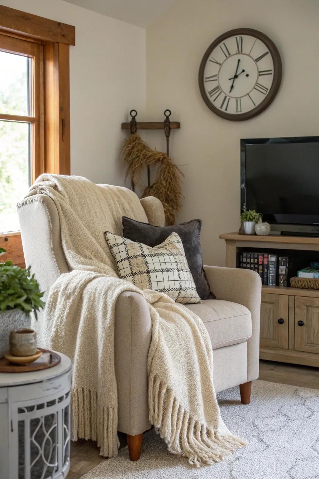 Textiles forge a snug corner in proximity to the television and timepiece.