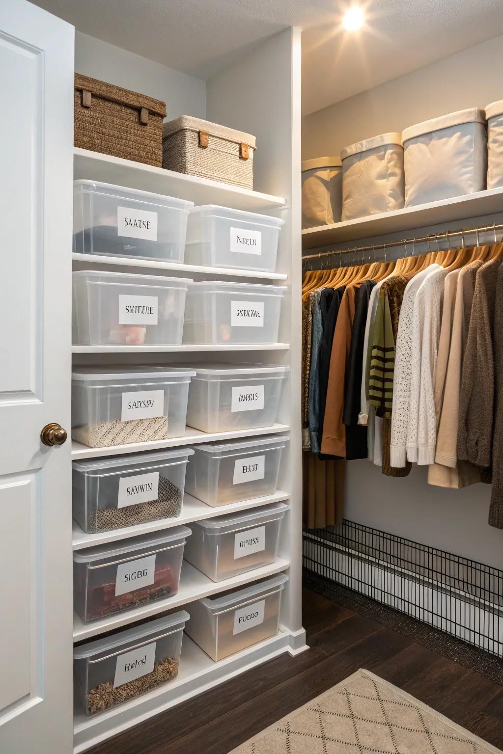 Seasonal storage ensures year-round closet organization.