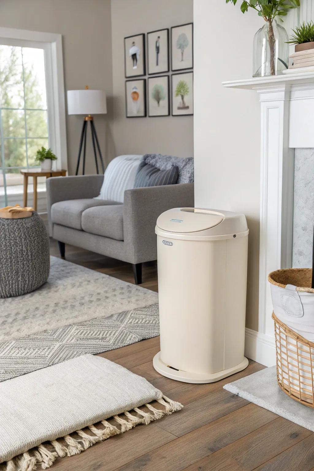 A meticulously integrated diaper receptacle complements the contemporary decor of a home.