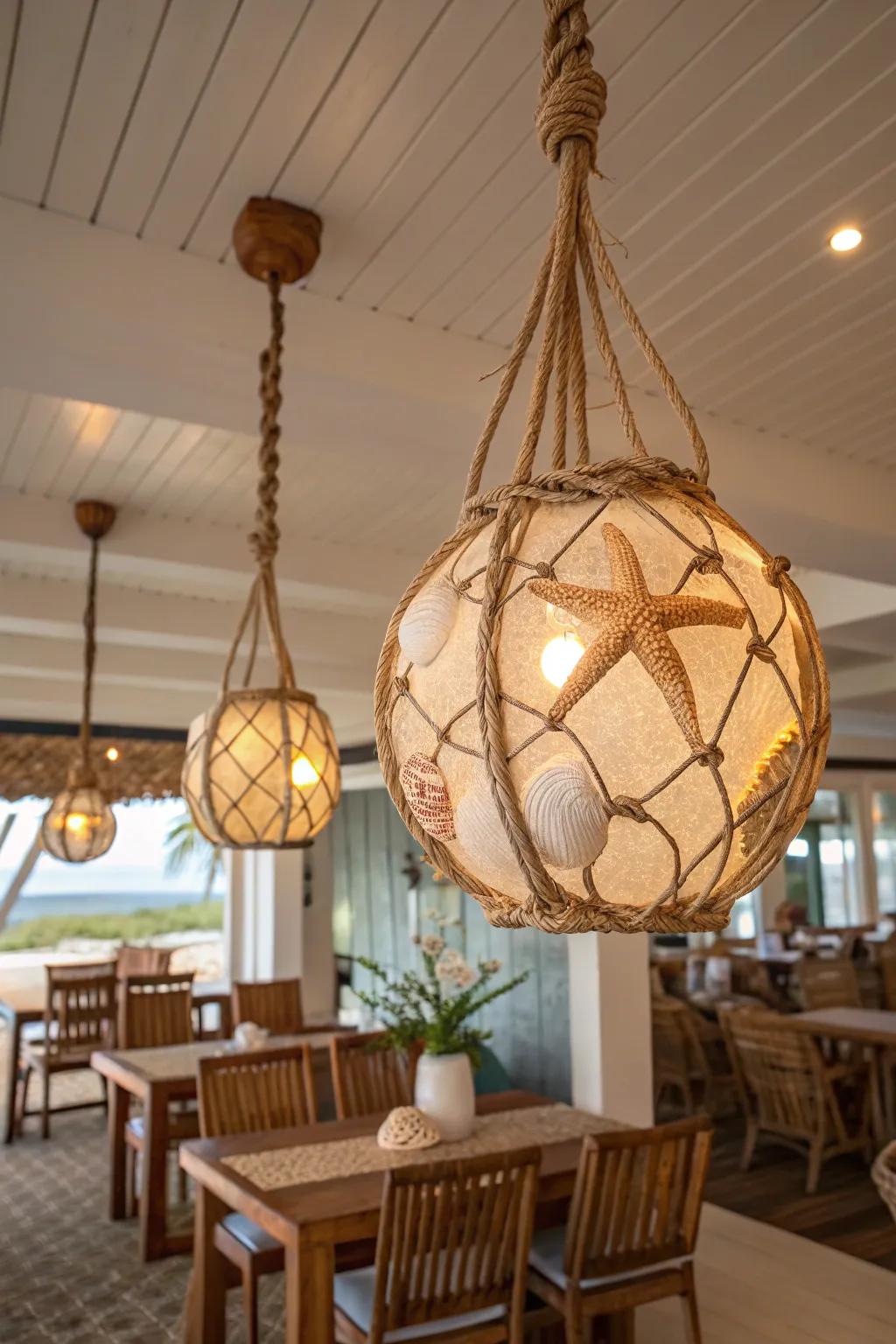 Coastal illumination enhancing the room's beachy ambiance.