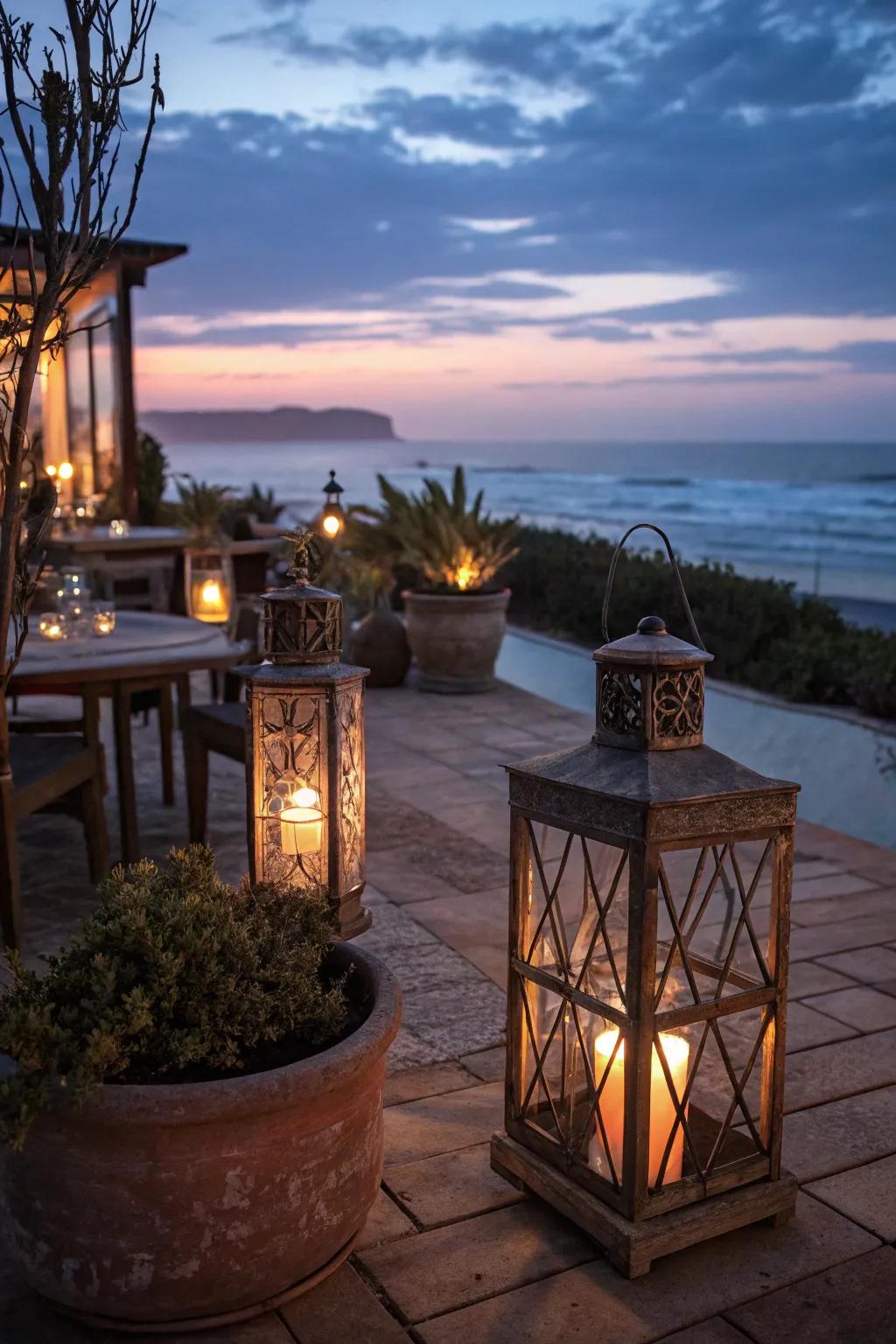 Earthy metal lanterns forge a cozy radiance for outdoor spaces.