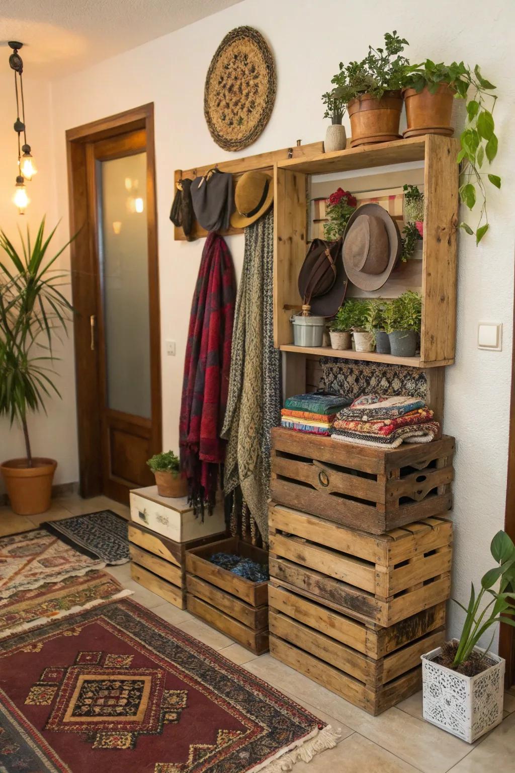Vintage bins repurposed into a singular shelf and coat rack duo.