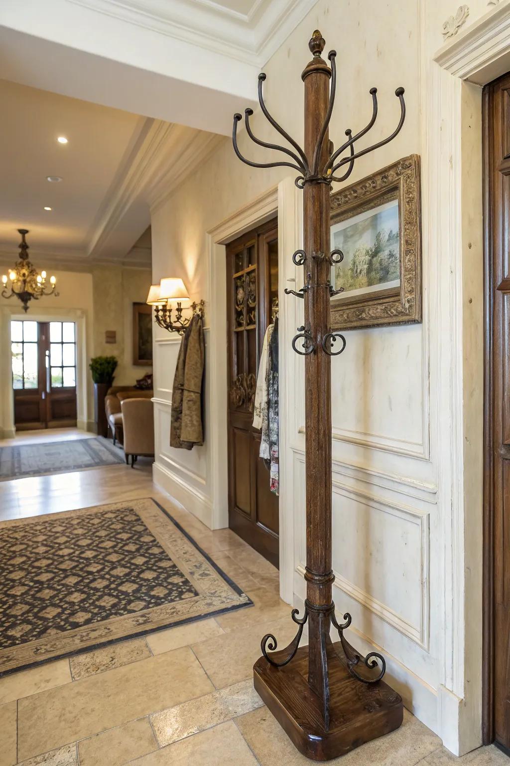 A vintage coat rack featuring classic hooks for an elegant and timeless look.