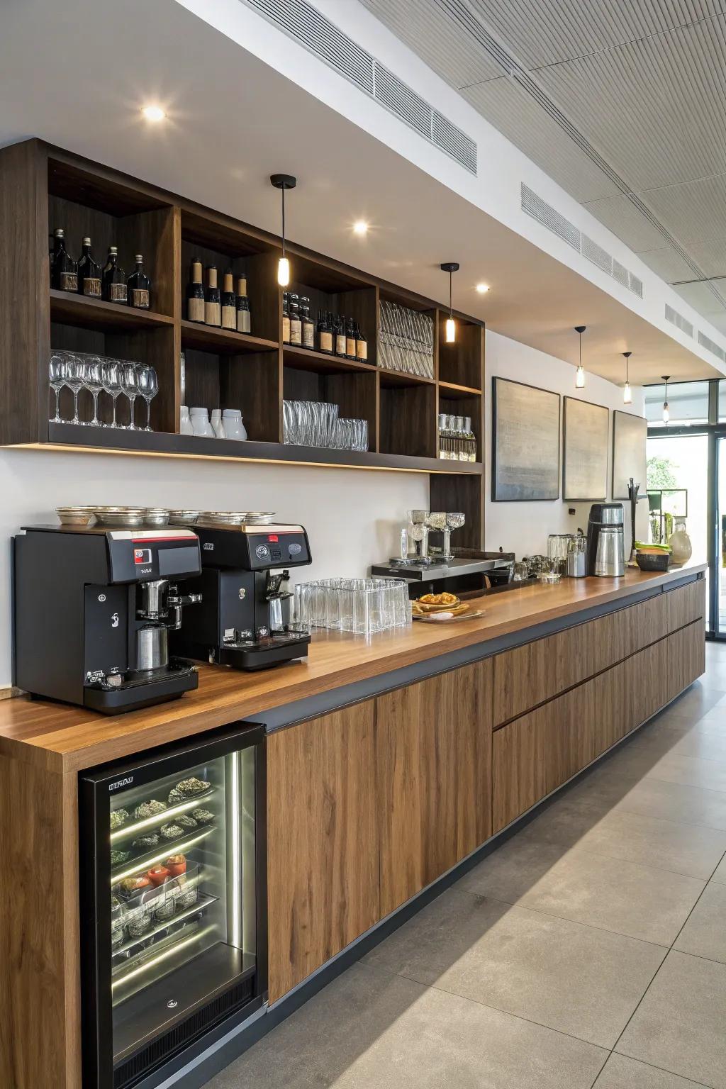 Concealed storage sustains the neatness of the coffee area.