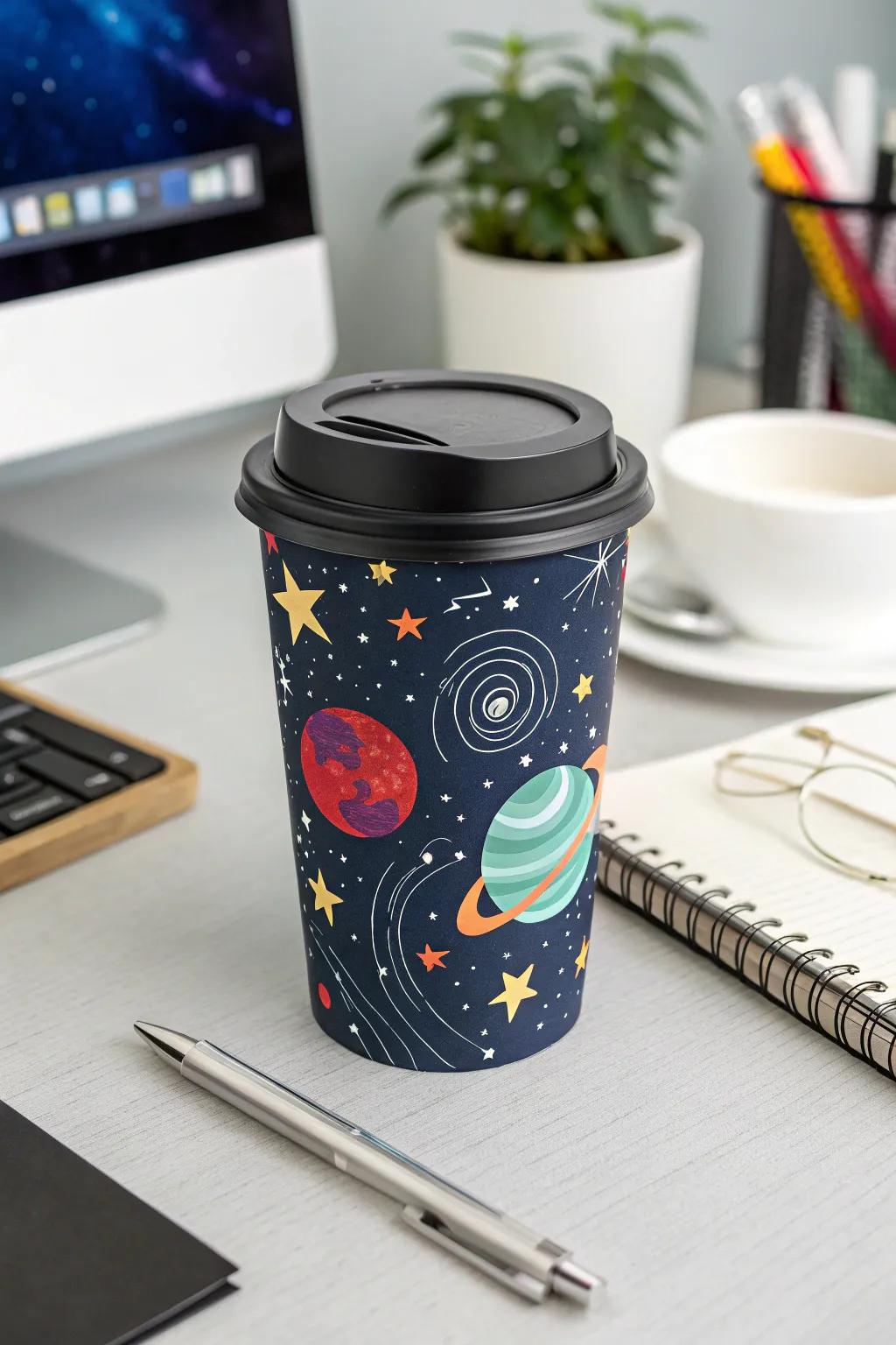 Explore the universe through each swallow, utilizing coffee vessels adorned with cosmic designs.