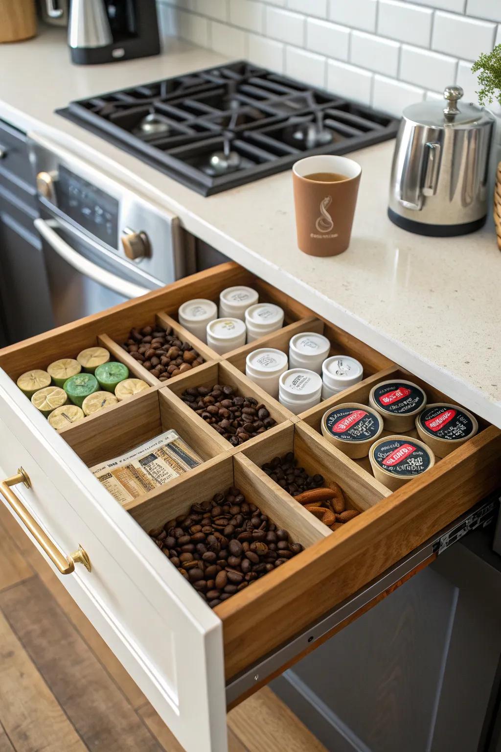 Self-constructed dividers permit a customizable coffee drawer arrangement.