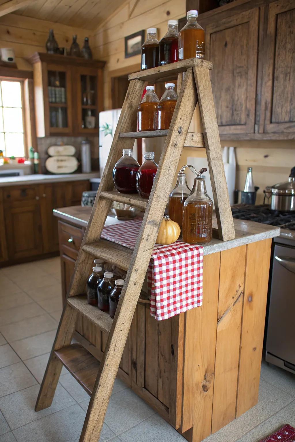 Wood ladder repurposed as a unique syrup display.