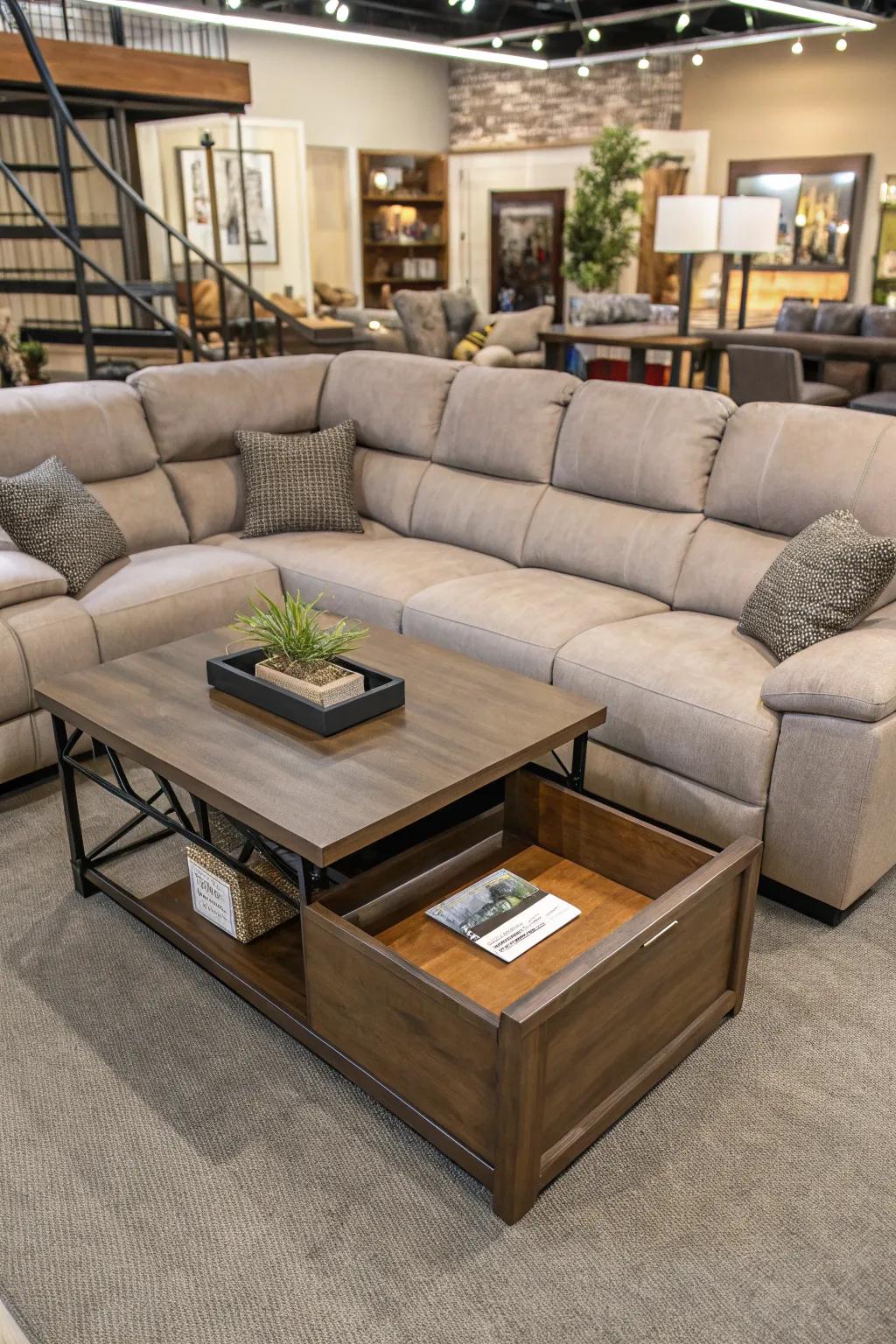 A lift-top center table combines storage and design seamlessly.
