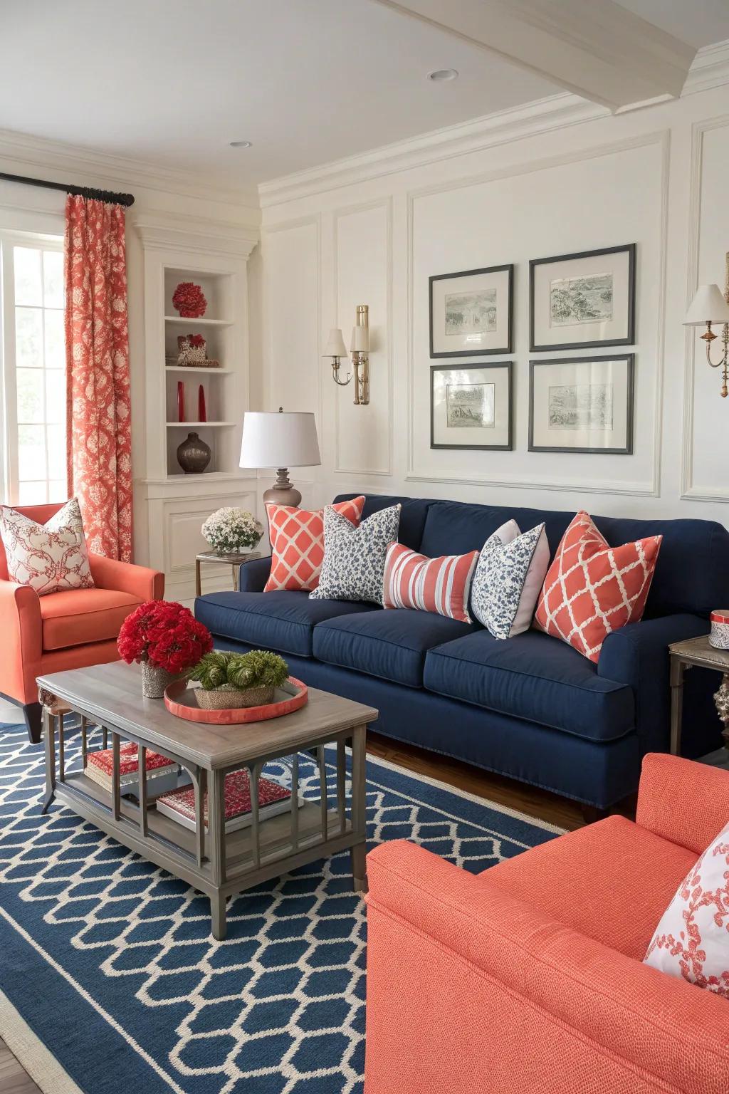 Contrasting color schemes of navy and coral fashion a bold and balanced living room.