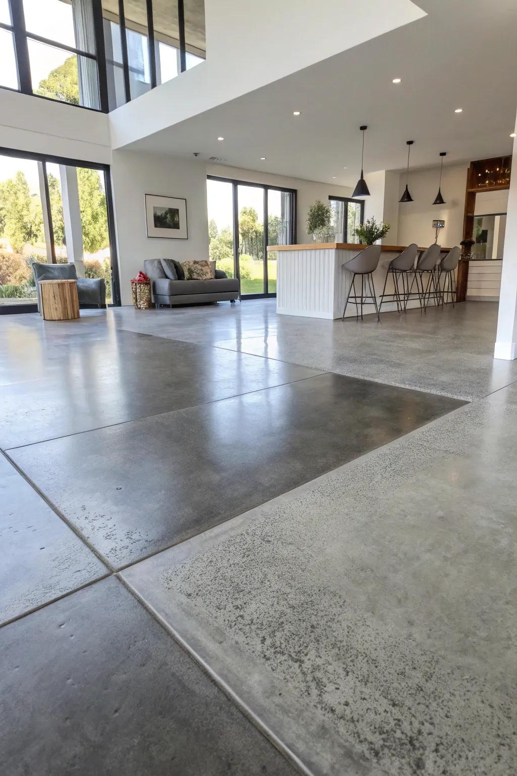 Gradient-colored concrete flooring adding depth to a spacious living area.
