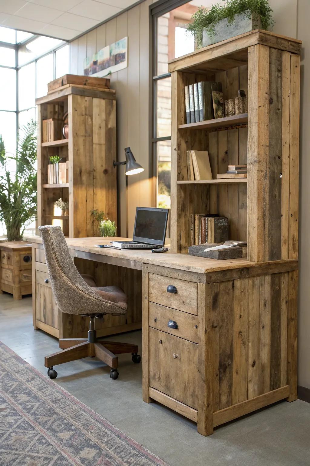 Furnishings crafted from reclaimed materials imparting character to an office.