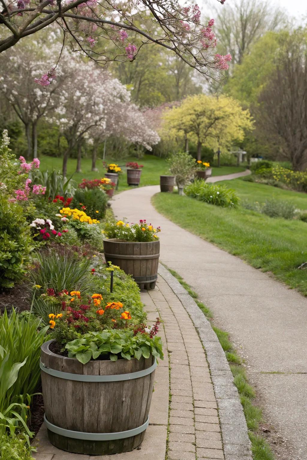 Plant pots leading the walkway in a garden.