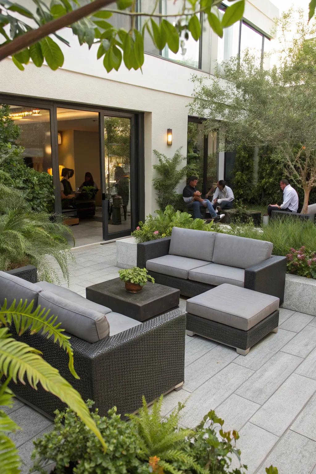 Adaptable furniture presenting versatile seating on a patio.