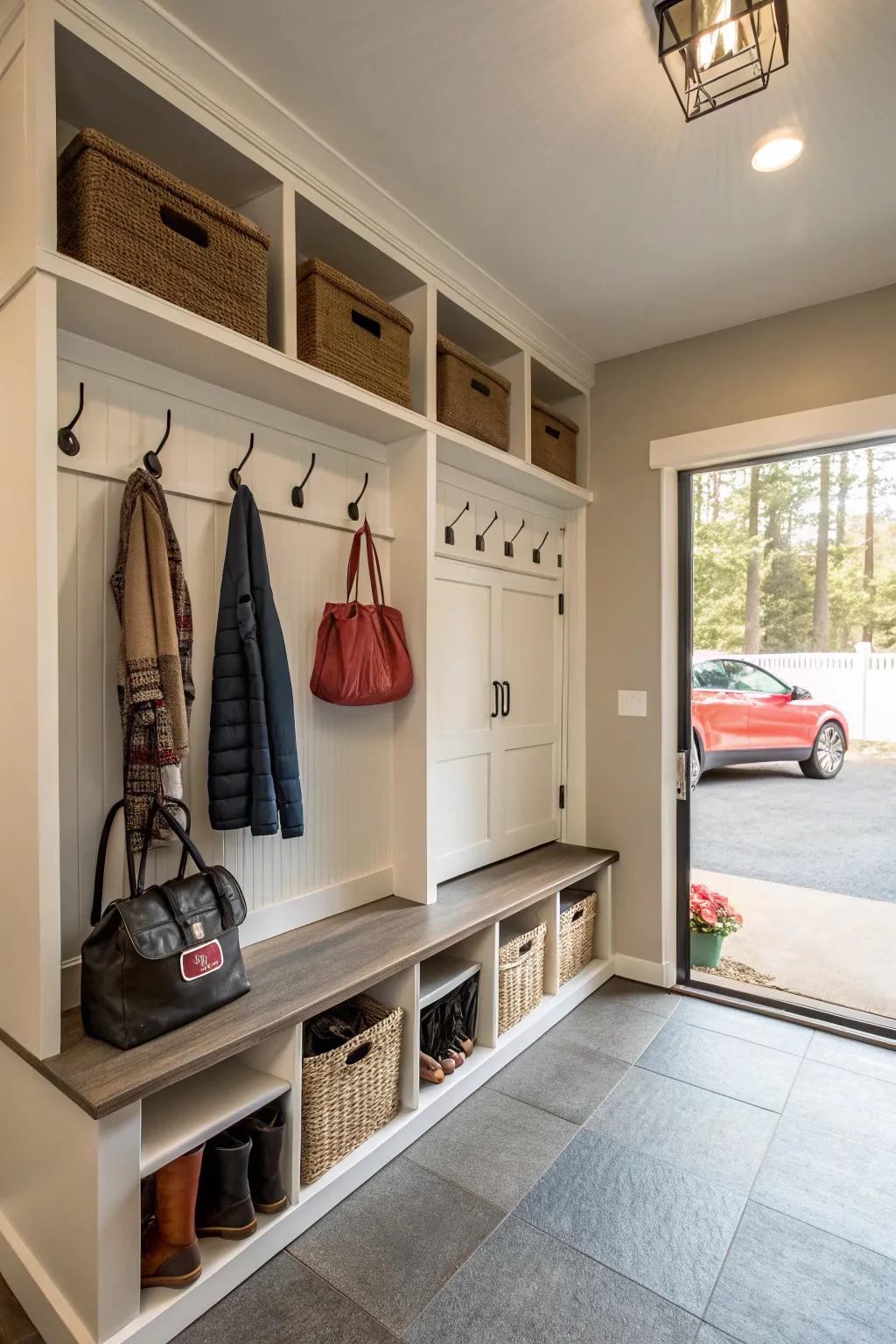 A garage mudroom and entryway keeping outdoor apparel structured.