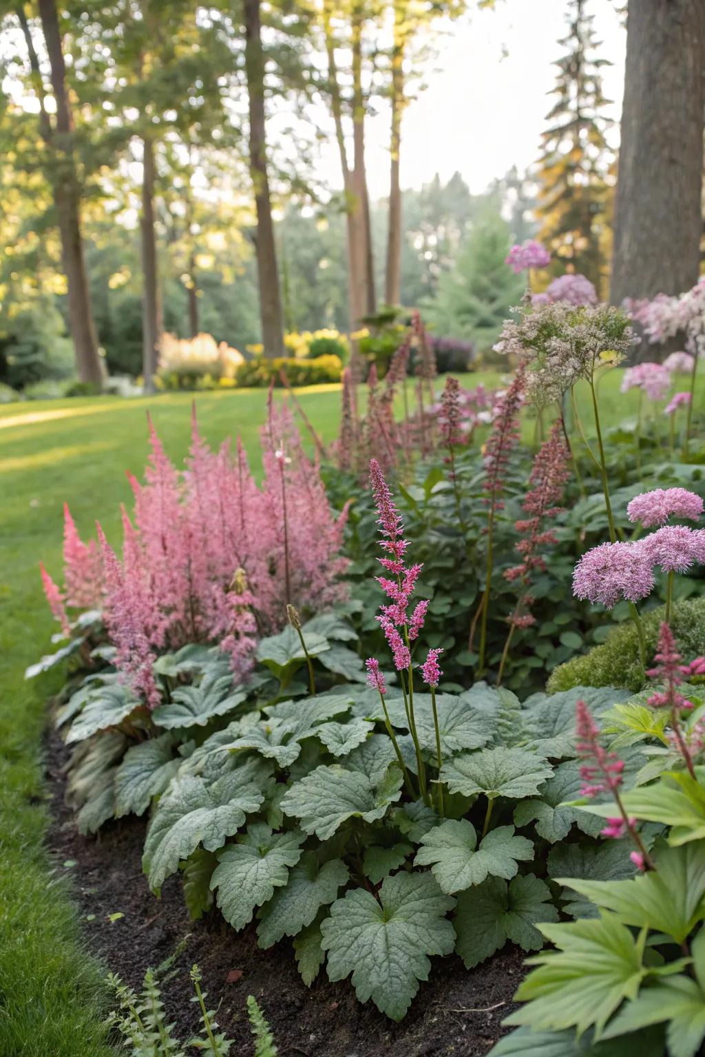 Melody chimes harmonizing with spotted leaves and false goat's beard in a shaded garden.