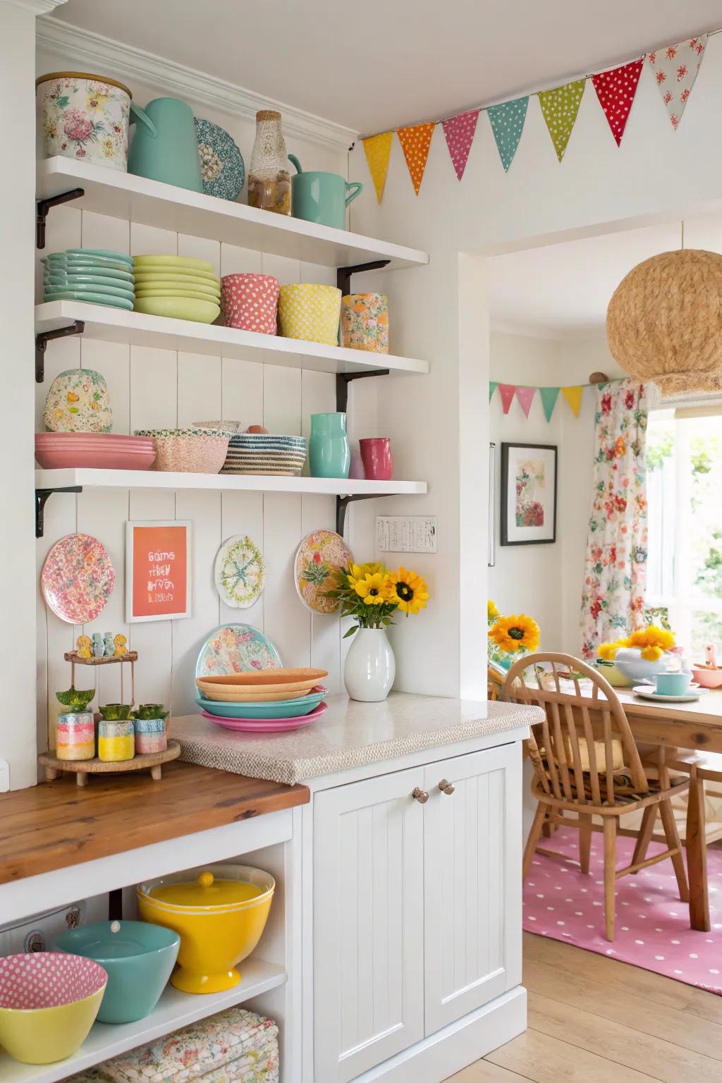 Colorful accents on ledges liven up the kitchen area.