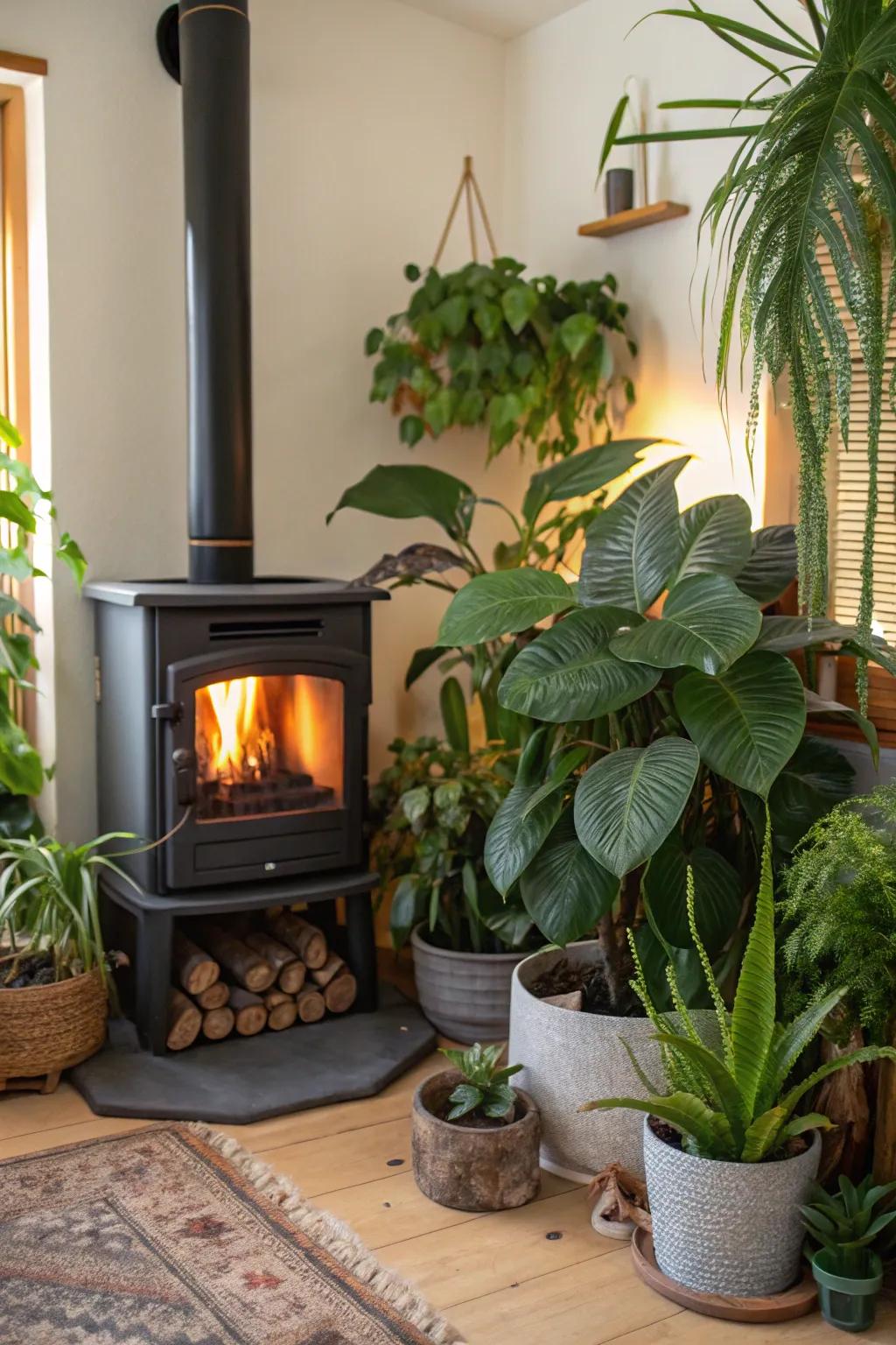 Greenery softens the setting around your heater.
