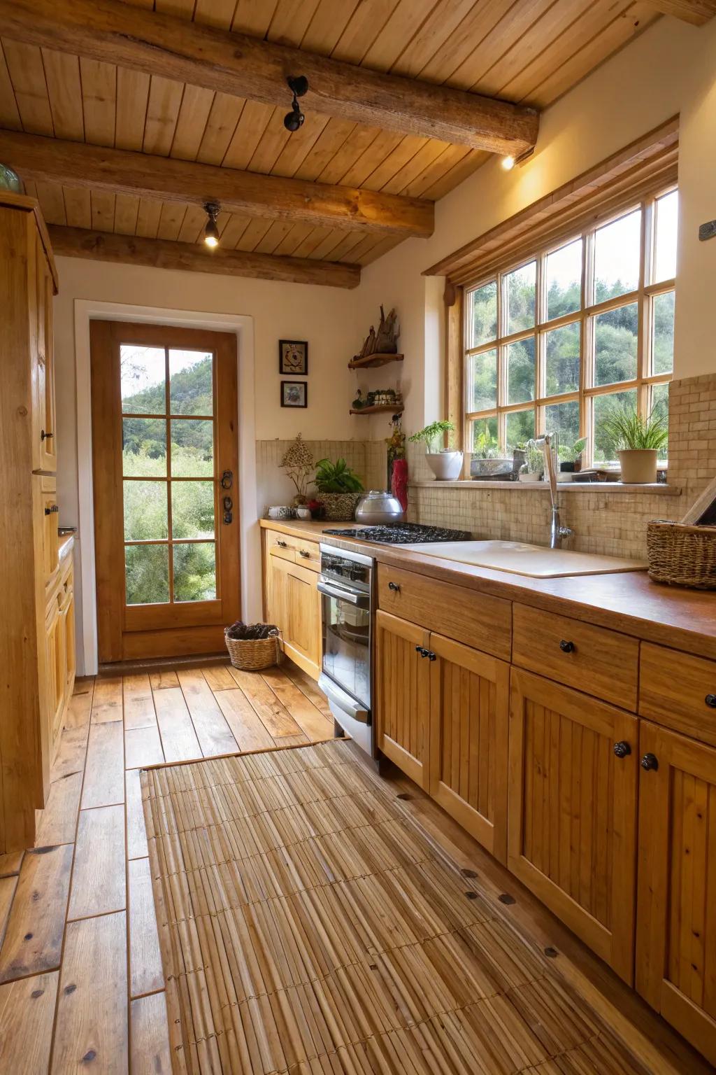 Eco-conscious bamboo flooring elevates the kitchen's natural ambiance.