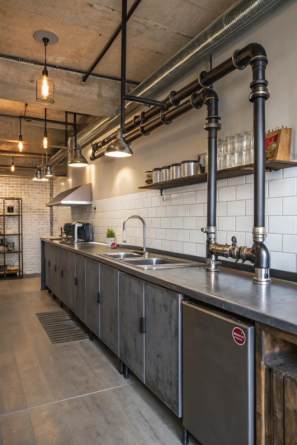 Industrial metal pipe end treatments for a modern, urban cooking space impression.