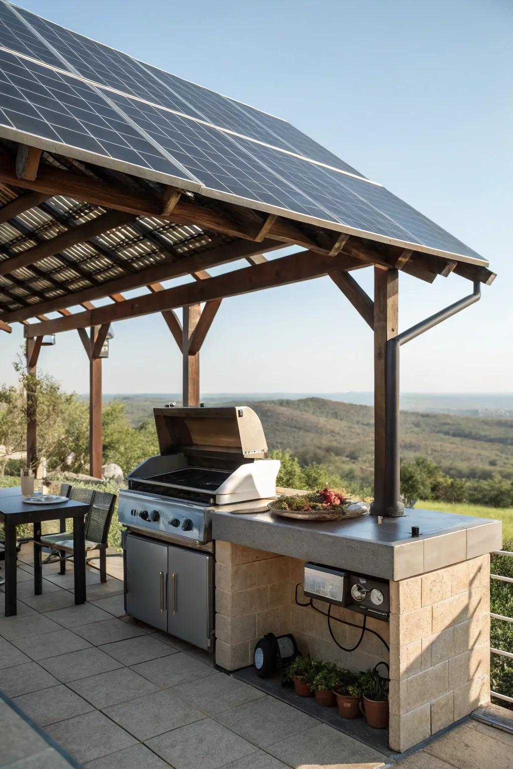 A solar panel rooftop powering an eco-friendly cooking zone.