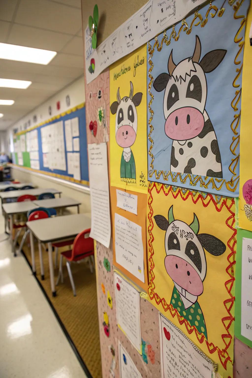 A 'Design Your Own Cow' bulletin board featuring student artwork