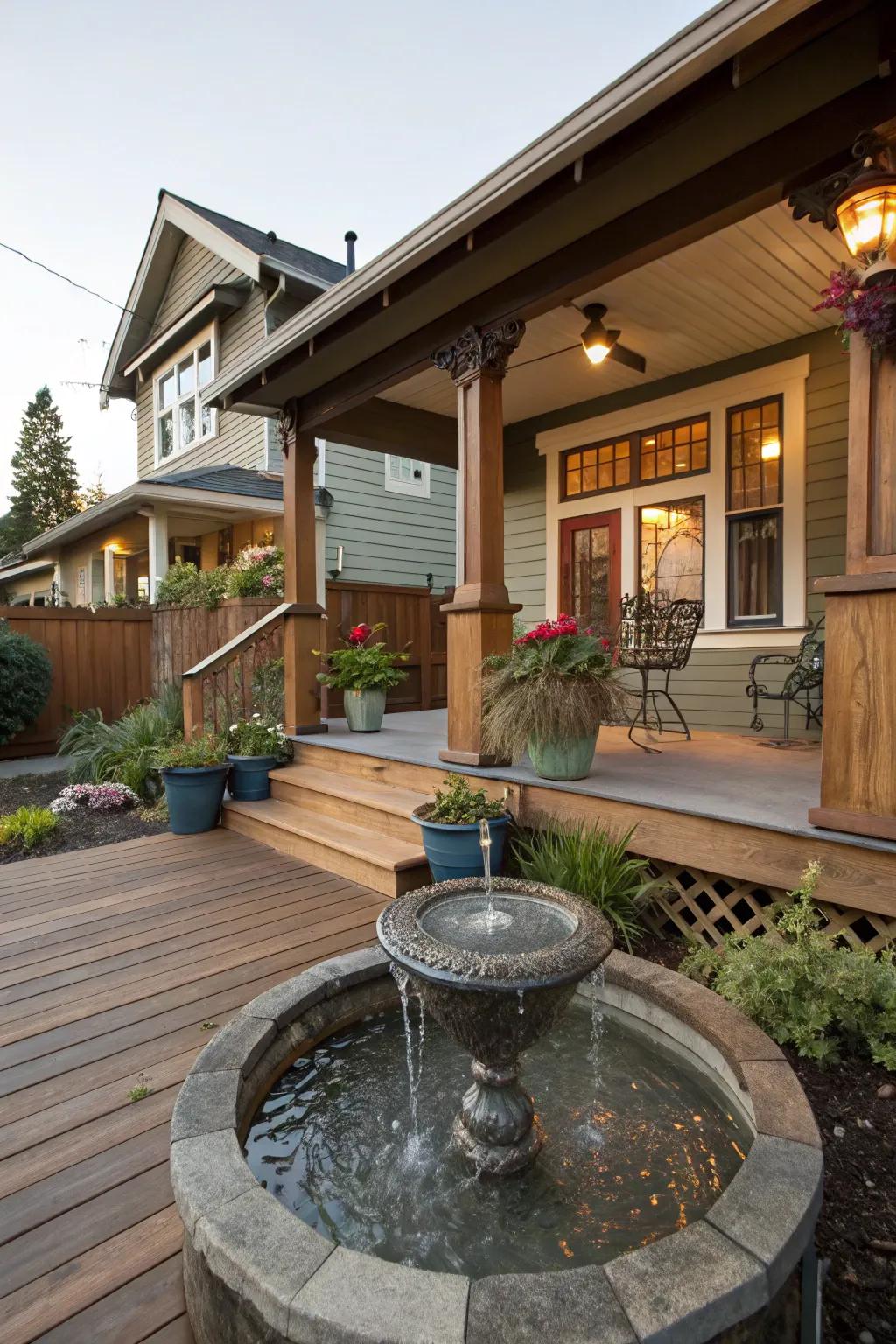 A water piece imparts a tranquil vibe to the porch.