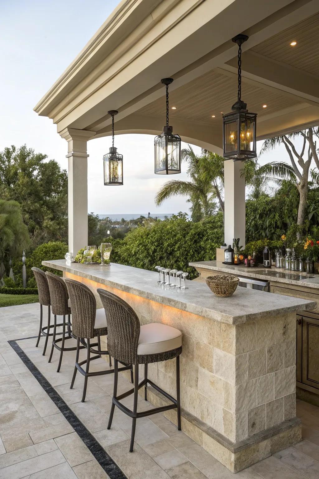 A stone finish bestows refinement upon this outdoor bar.