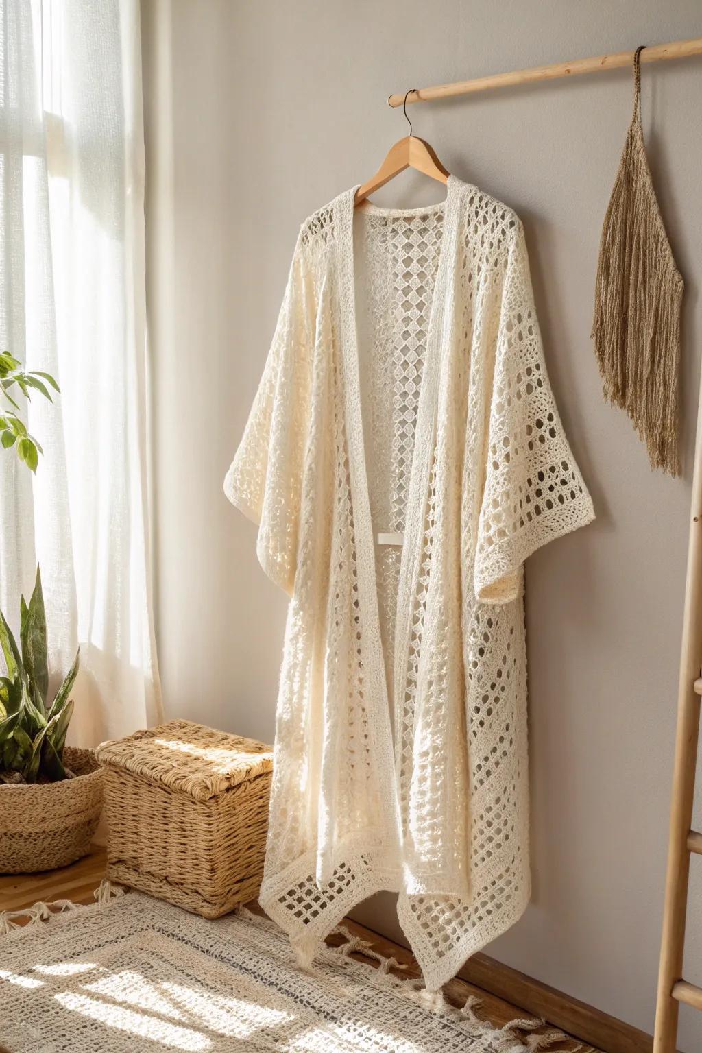 Embrace summer eves through a breezy crochet kimono, impeccable for effortless layering.