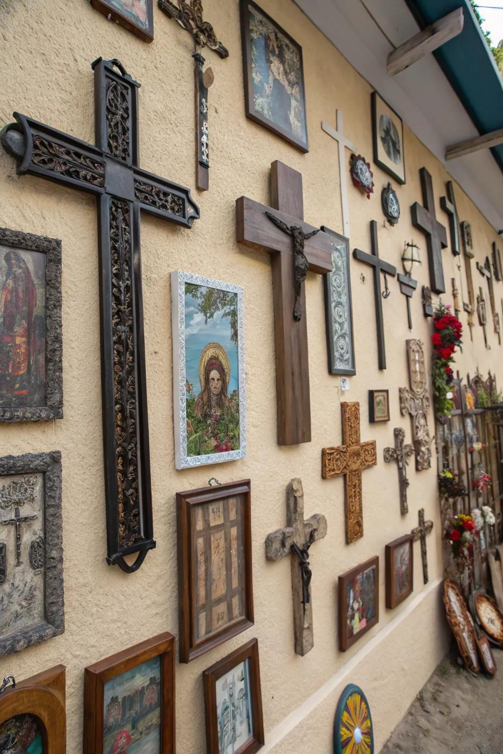 Artistic layering of crosses alongside other decor components.