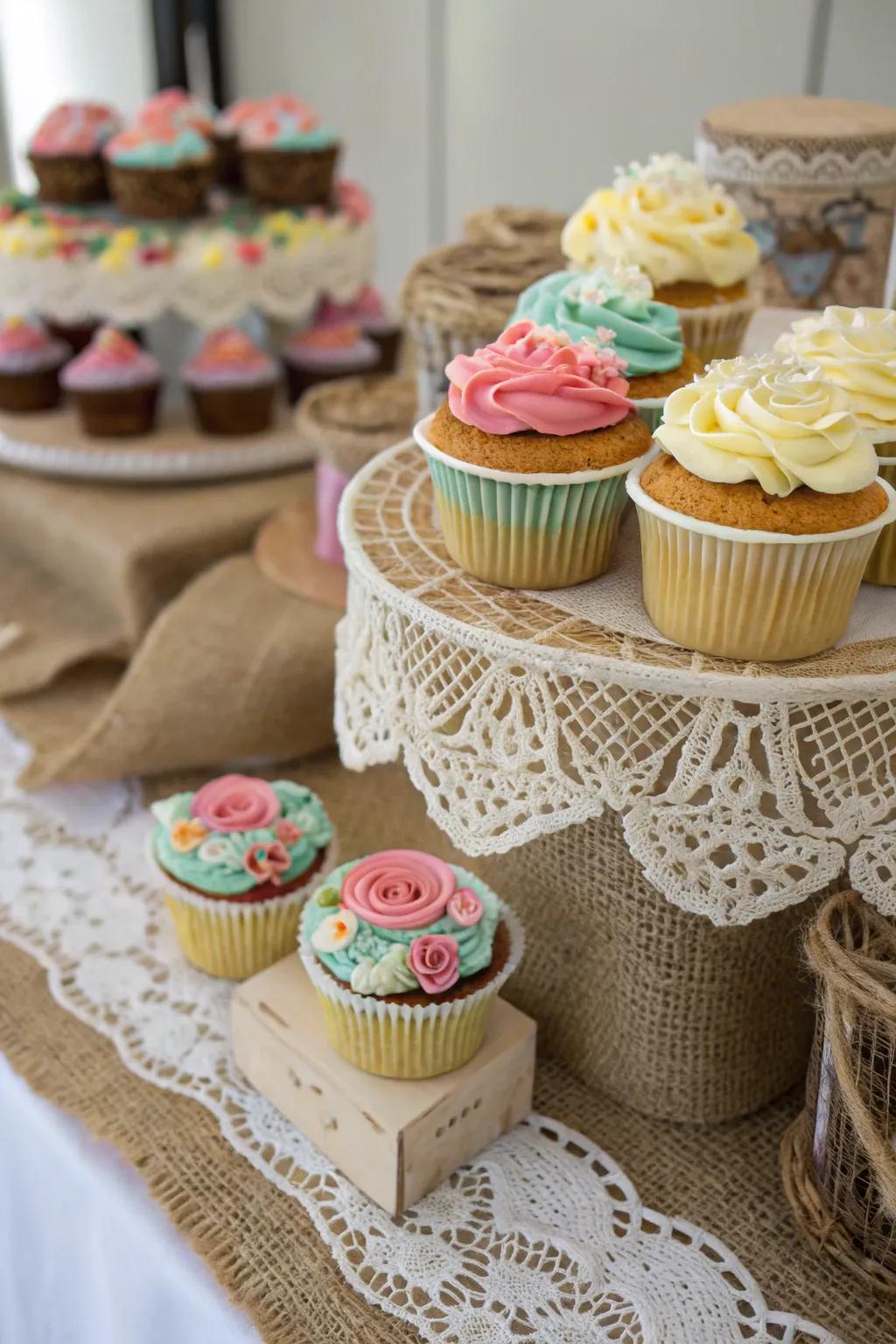 Textured surfaces adding visual and tactile interest to the cupcake arrangement.