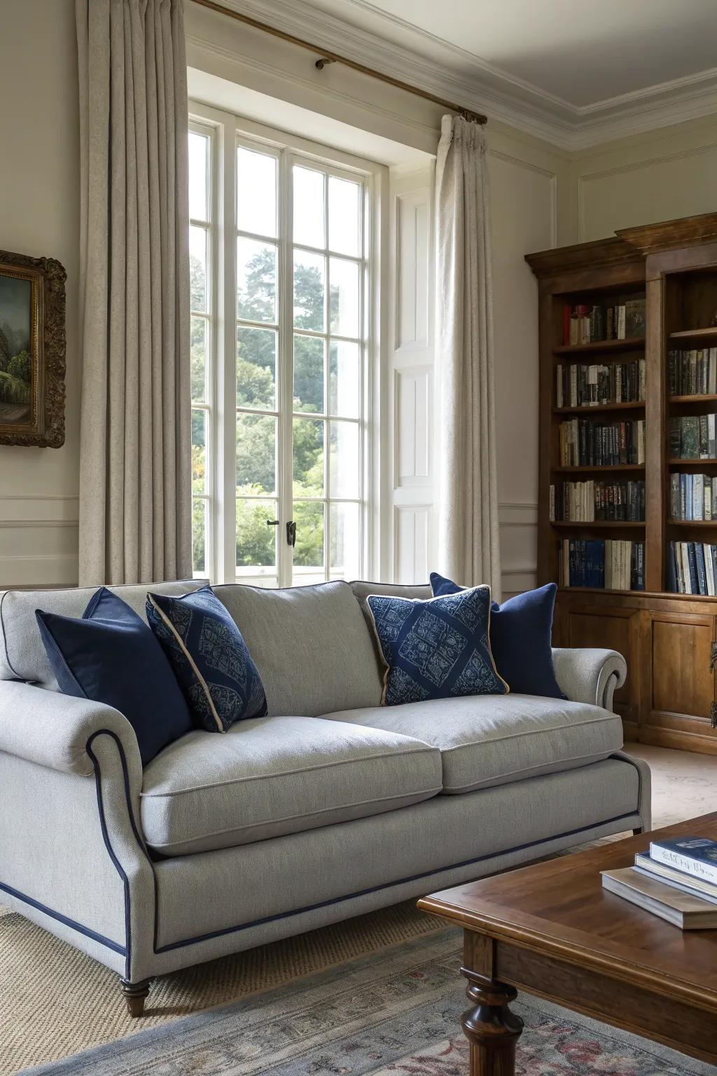 Dark blue cushions elevate a grey couch with classic beauty.