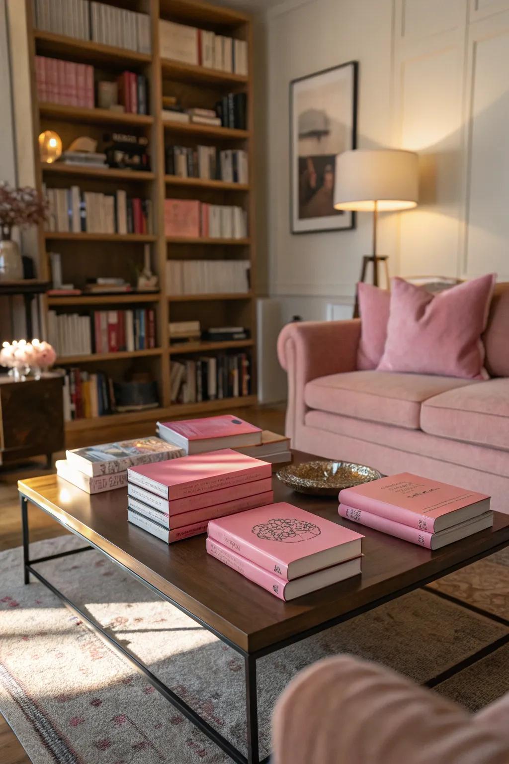 Rose books subtly inject color and intrigue to the decor.
