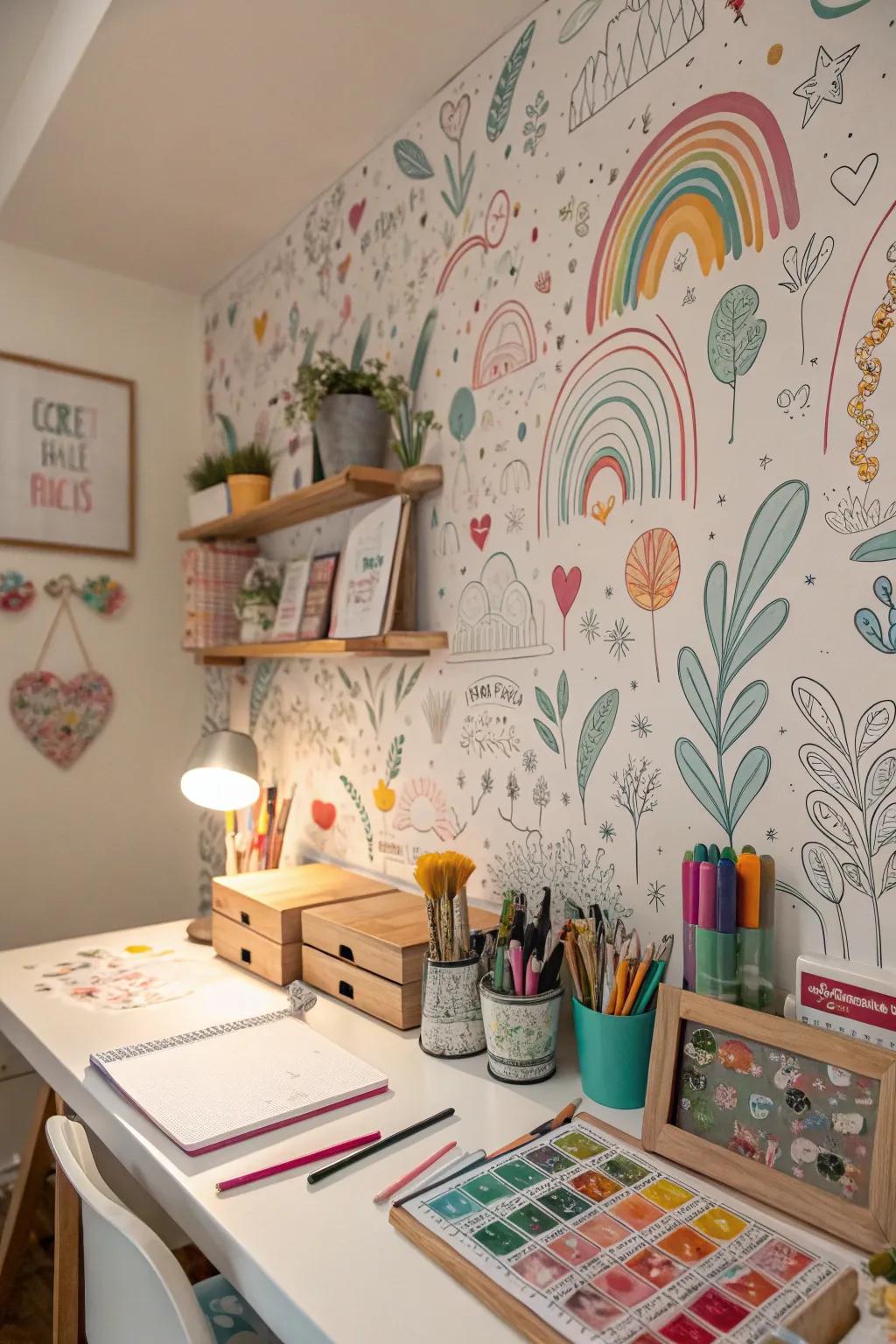 A studio featuring sketch design wall covering, adding playfulness to the creative space.