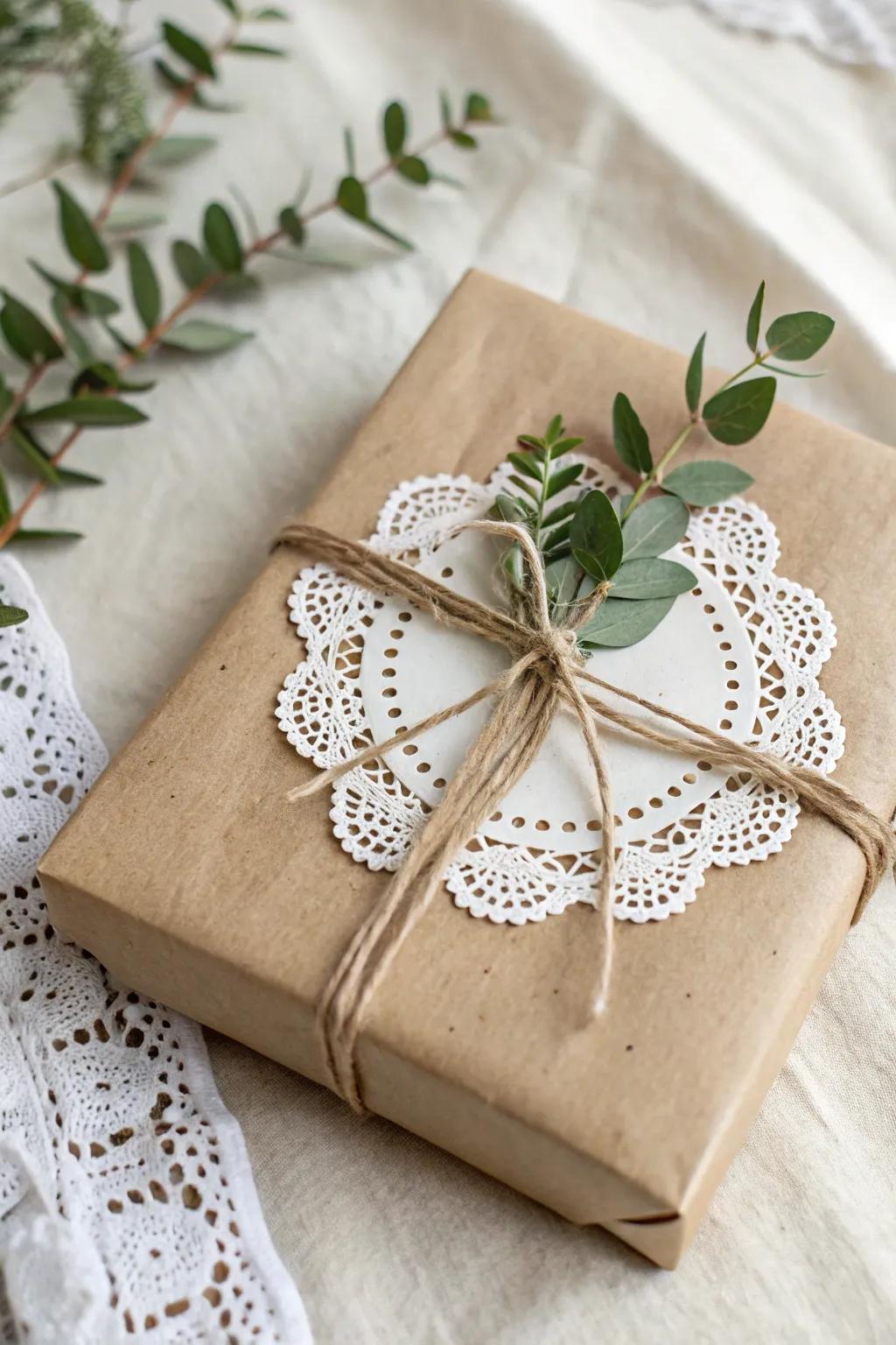 Elevate your gift wrapping with a nuance of lace and nature. #DelicatePaperAccents #MinimalistWrap