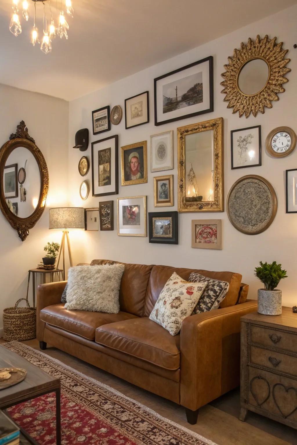 Eclectic wall embellishments append distinction and dimension.