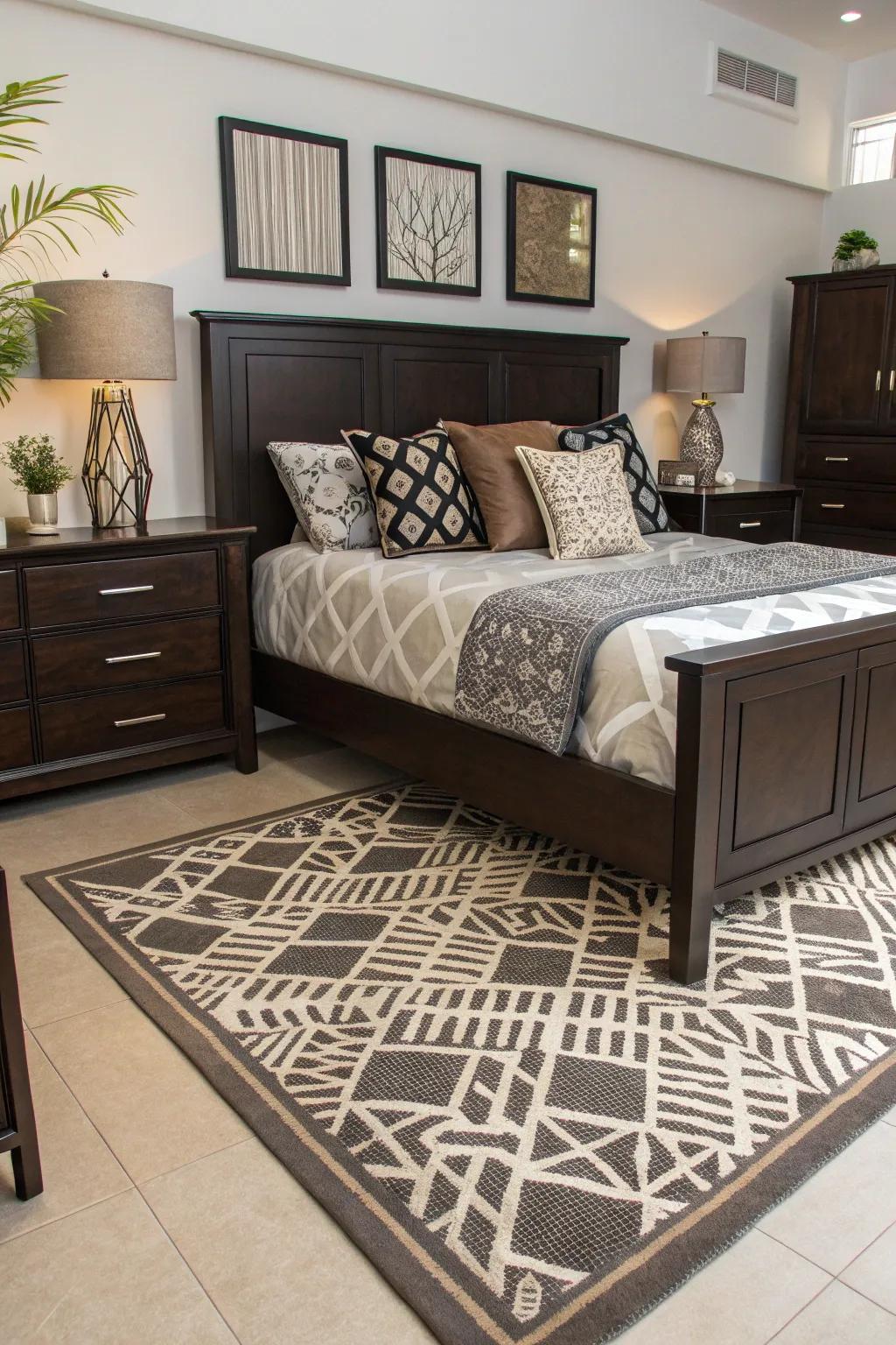 Geometric designs inject a modernistic perimeter into deep brown settings.