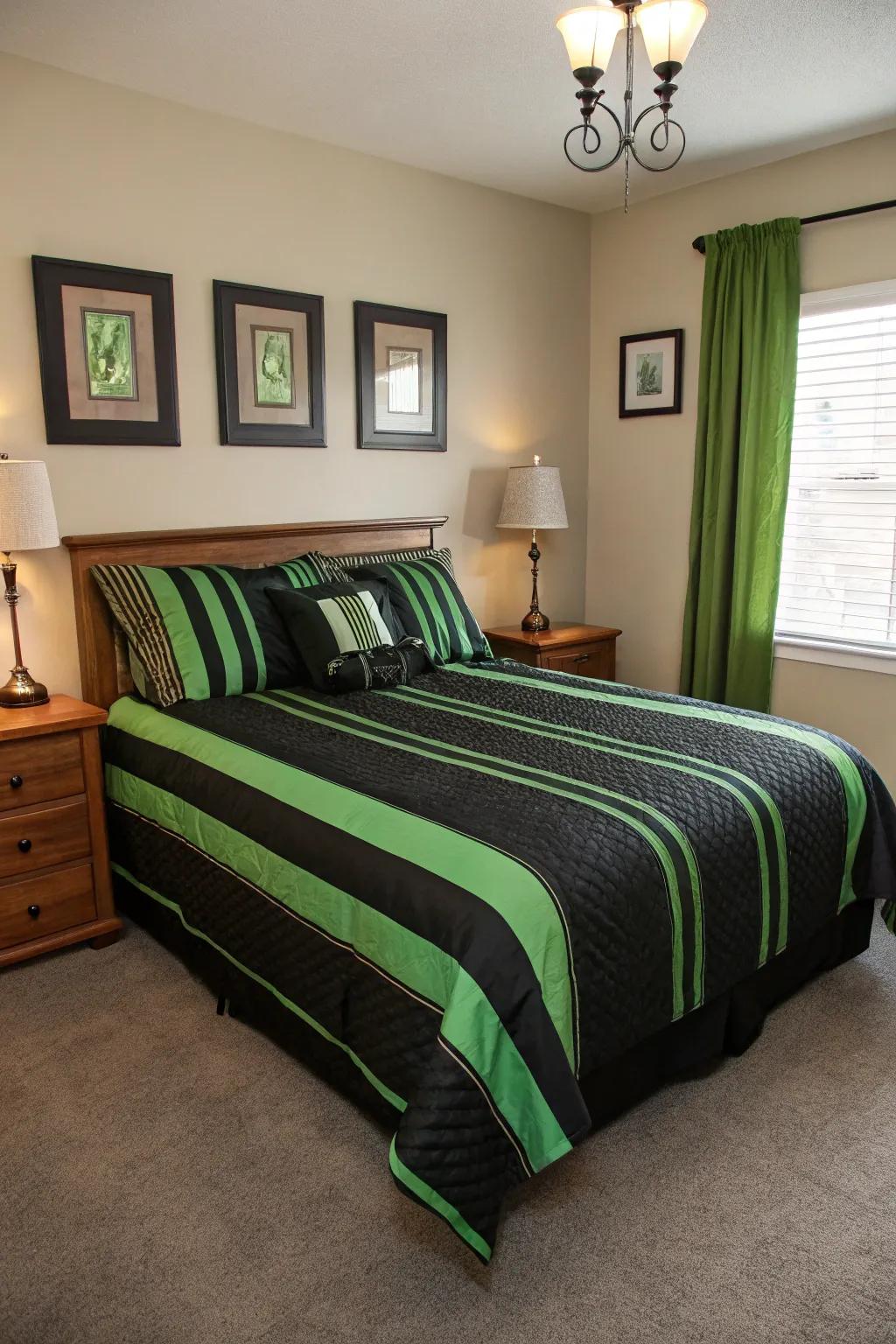 Striped bedding infuses boldness into the blueprint.