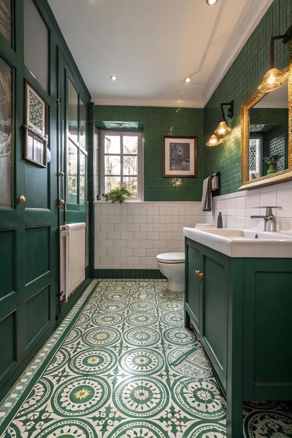 Patterned floor tiles introduce visual appeal.