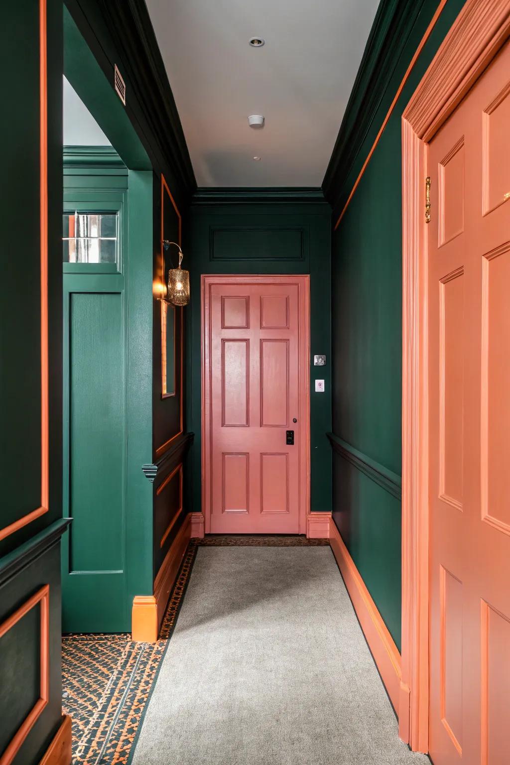 Unexpected color schemes inject intrigue into this hallway.