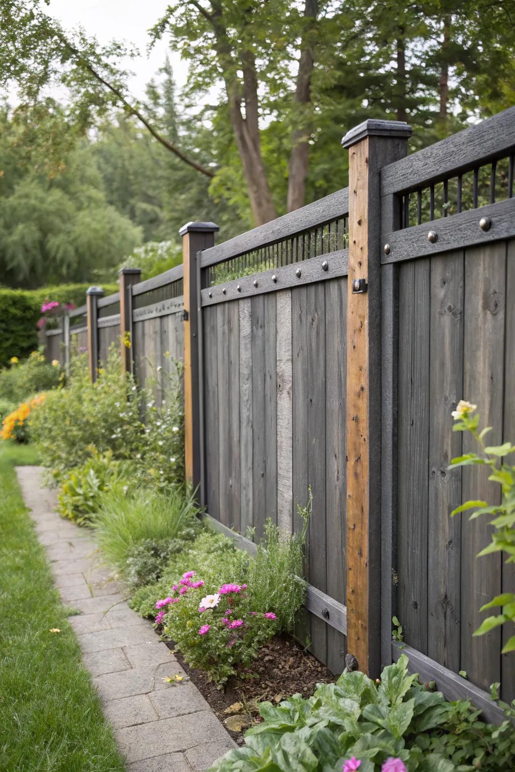 A textured garden appearance with a charcoal-toned fence incorporating mixed materials like wood and metal.