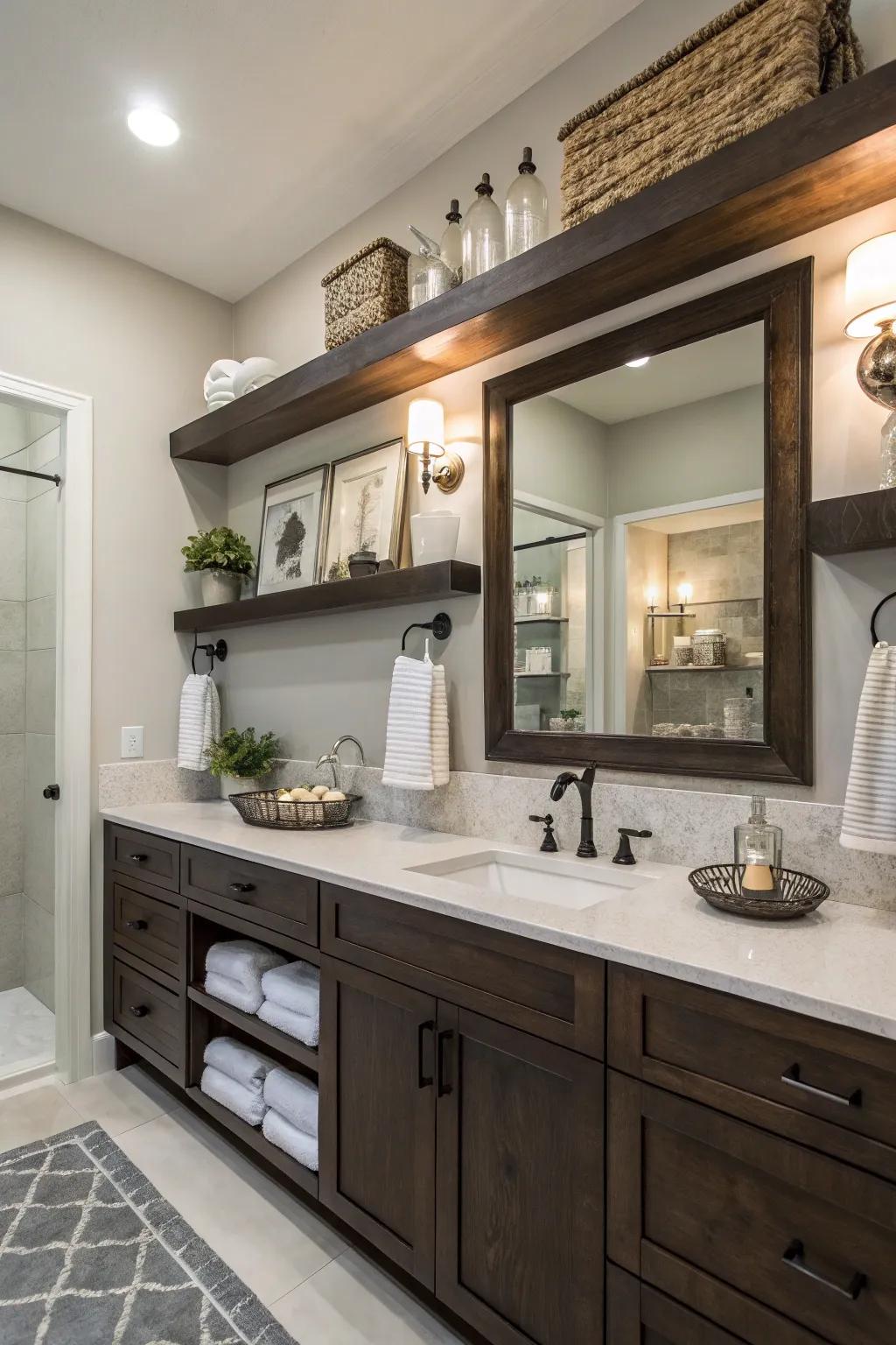 Suspended shelving provides streamlined storage options within this bathroom.